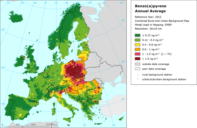Obr. . 1 Mapa ron prmrn imisn koncentrace benzo[a]pyrenu v Evrop, 2012, Guerreiro et al. [1]