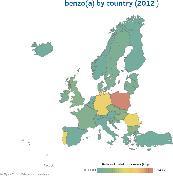 Obr. . 3 Ron emise BaP v jednotlivch sttech EU, rok 2012, EEA [2]