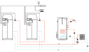 Obr. 5 – Hydraulick zapojen zahrnujc dva stacionrn kotle s vyuitm dvojice zpteek. Ekvitermn zen kaskda 2 kotl po 80 kW. Zpteka z ppravy TV je pipojena na HT vstup, tzv. teplej zpteka. Zpteka topnho okruhu je zapojena na NT, tzv. chladnj zpteka. Na vstupu kotle je osazen uzavrac ventil, kter kotel hydraulicky odpoj. Zabrauje se nedoucmu proudn a ochlazovn otopn vody v kotli, pokud nen hok v provozu. Ostatn parametry jsou toton s kotelnami osazenmi temi kotli.