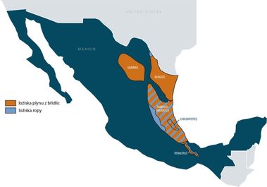 Obrázek 11 – Mapa znázorňující hlavní ložiska břidlicového plynu v Mexiku