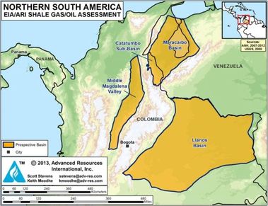 Obrázek 12 – Ložiska konvenčního a břidličného plynu v Kolumbii a Venezuele
