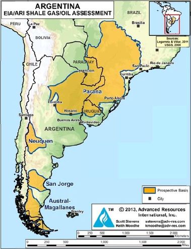 Obrázek 13 – Ložiska břidlicového plynu v Argentině