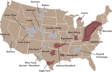 Obrázek 2 – Mapa znázorňující hlavní ložiska břidlicového plynu v USA
