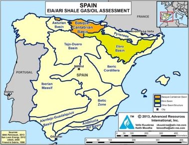 Obrázek 14 – Oblasti s výskytem břidlicového plynu ve Španělsku
