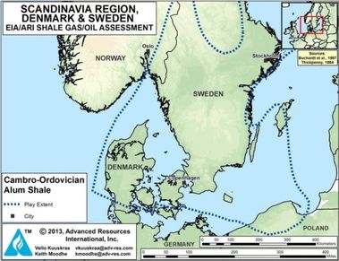 Obrázek 17 – Pánev Alum Basin ve Skandinávii s výskytem břidlicového plynu