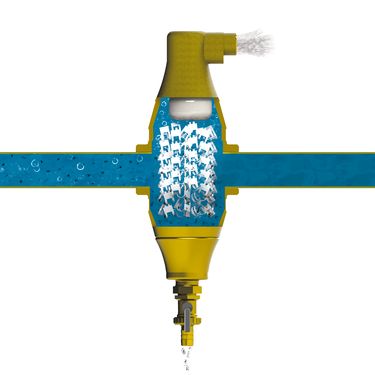 Armaturové těleso kombinovaného odvzdušňovače a odkalovače TacoVent Twin od společnosti Taconova  obsahuje „kroužky I“, které z protékající topné vody oddělují nahoru vzduch a dolů nečistoty.