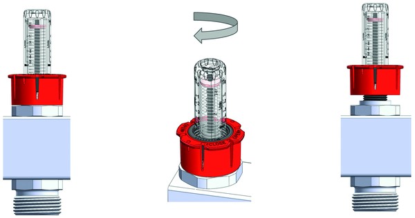 Pod červeným krytem se u vyrovnávacího ventilu TopMeter Plus skrývá dorazový kroužek, pomocí něhož se zajišťuje nastavený objemový proud proti přestavení. Uzamykací funkce je na zajištění nezávislá.