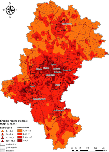 Obr. č. 7 Roční průměrné imisní koncentrace BaP ve Slezském Vojvodství v roce 2012 [14]