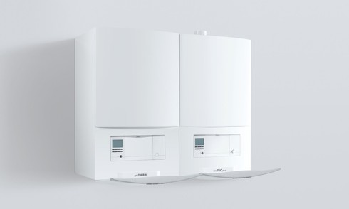 Obr. 1: Tepelné čerpadlo geoTHERM VWS 36/4.1 (pozice vlevo) společně s kondenzačním kotlem ecoTEC plus