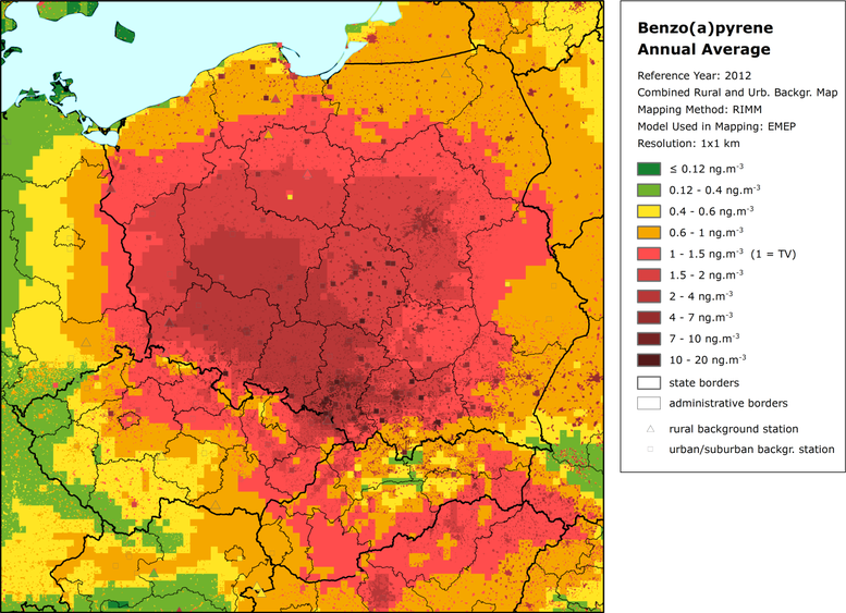 Obr. č. 2 Mapa roční průměrné imisní koncentrace benzo[a]pyrenu výřez Polsko, Česká republika a Slovensko, 2012, ČHMÚ [1]