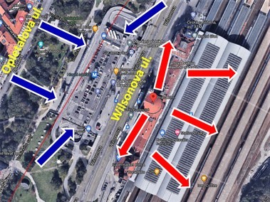 Obr. Na pohledu shora jsou modrými šipkami znázorněny vstupy vzduchu do spodní provozní budovy nádraží. Červenými šipkami prostup vzduchu historickou budovou a výstupy ven.