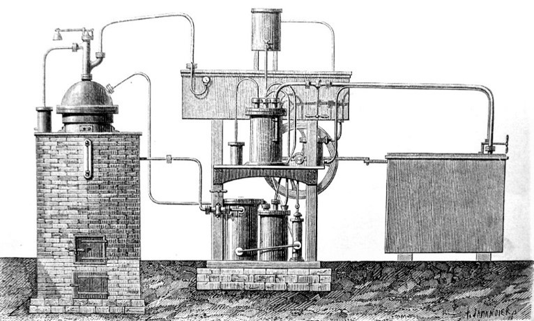 Obr. Výrobník ledu, který navrhl Ferdinand Carré. Jako absorbentu využívá vodu a jako chladivo amoniak. Zdrojem tepelné energie je spalování paliva. (Zdroj: Wikipedie)