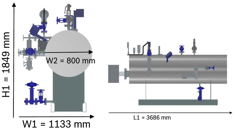 Obr. 2: Rozměry elektrického parního kotle Bosch UNIVERSAL ELSB, výkonová varianta 350 kg/h