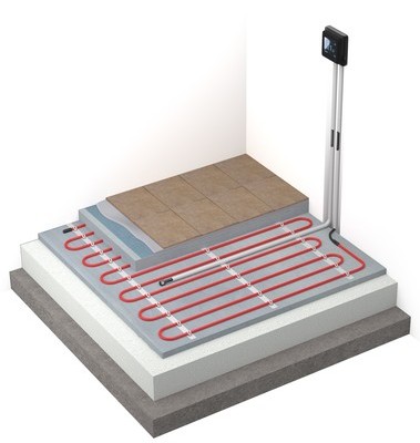 Obr. Instalační jednoduchost elektrického podlahového vytápění DEVI je založena na jednom kabelu, kterým je elektřina přivedena od domovního rozvaděče do vytápěné místnosti a faktu, že není třeba řešit odvzdušňování a hydraulické parametry teplovodních systémů.