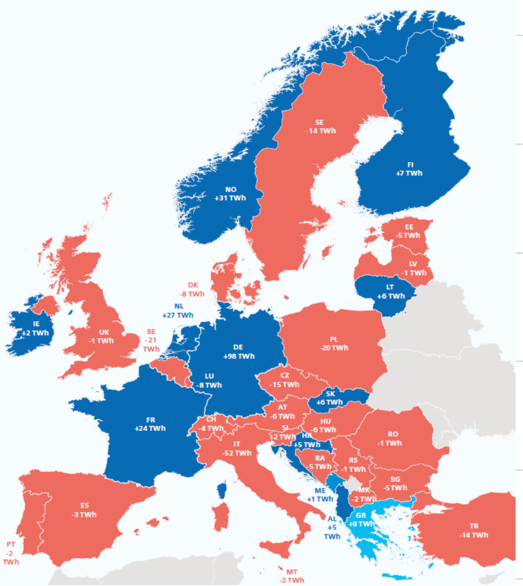 Obr. Saldo exportu a importu evropských zemí v roce 2030: b) Progresivní scénář. (Zdroj: ČEPS)