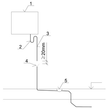 Schéma odvádění kondenzátu z klimatizační jednotky nebo kondenzačního kotle kondenzátním potrubím do kalichu, na který navazuje potrubí vedené do průtočné podlahové vpusti