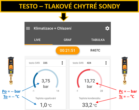 Obr. 2b Pklad elektronickho diagnostickho pstroje TESTO 550. Pklad instalace bezdrtovch tlakovch sond TESTO komunikujcch pes Bluetooth s mobiln aplikac, kter ukazuje vypaovac teplotu To/tlak Po, resp. kondenzan teplotu Tc/tlak Pc. Jde o okruh s chladivem R407C.