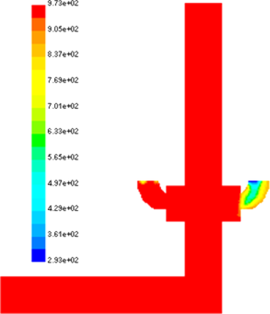 Obr. 7 Teplotn pole v obtoku za KP T [K]
