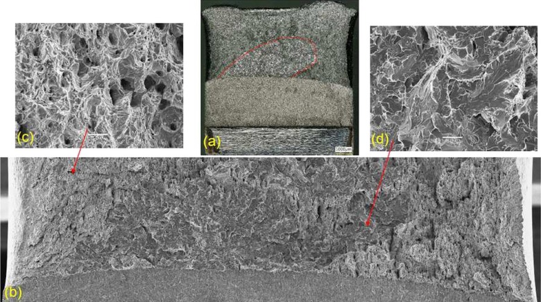 Obr. 5 Vzorek 50A-16 s nacyklovanou trhlinou po expozici 10 MPa, 400 h: (a) celkový pohled na lomovou plochu s dvěma kontrastně odlišitelnými oblastmi, (b) rozhraní mezi nacyklovanou trhlinou a dolomením, (c) transkrystalický tvárný lom, (d) transkrystalický štěpný lom