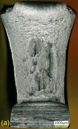 Obr. 6 Vzorek 50A-11 po expozici 30 MPa, 1000 h: (a) celkový pohled na lomovou plochu