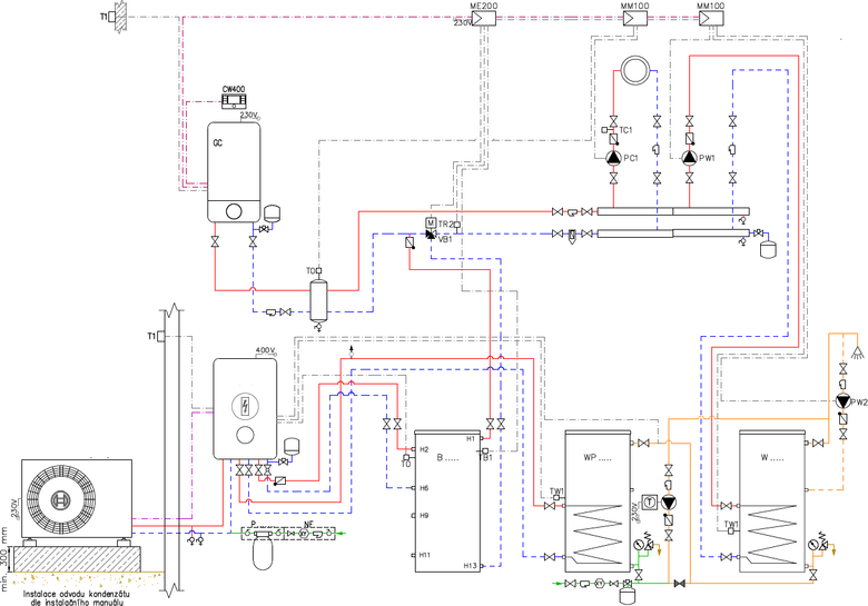 Obr.&nbsp;3 Principi�ln� sch�ma zapojen� T� s&nbsp;plynov�m kondenza�n�m kotlem prost�ednictv�m akumula�n�ho bivalentn�ho z�sobn�ku